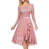 Sexy Gown Dress Off Shoulder Waist-Hugging Midi Dress Lace Splicing Half Sleeve Irregular Ruffle Hem Chiffon Dress