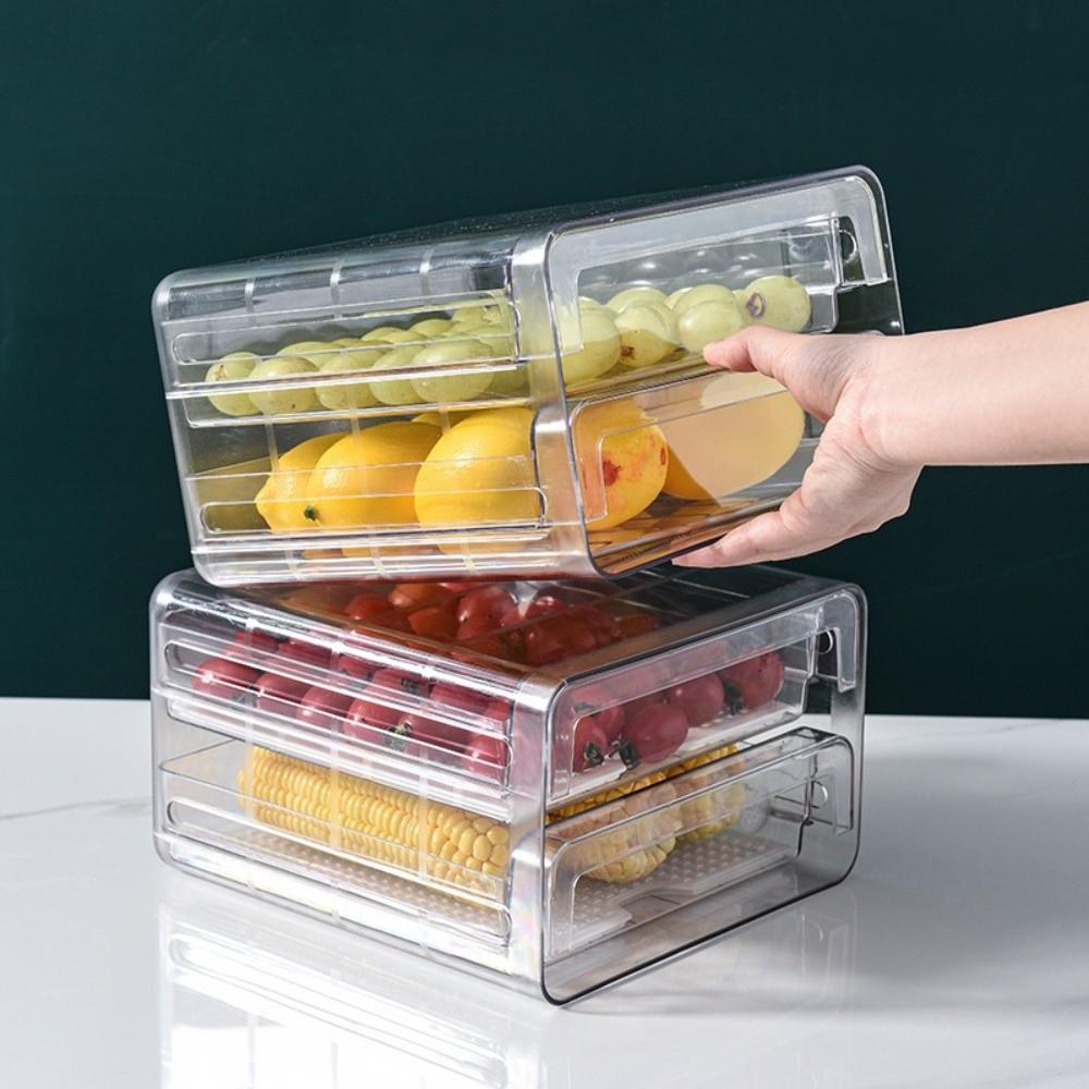 Transparent Food Container with Drain Tray Large Capacity Vegetable Fridge Organizer Kitchen