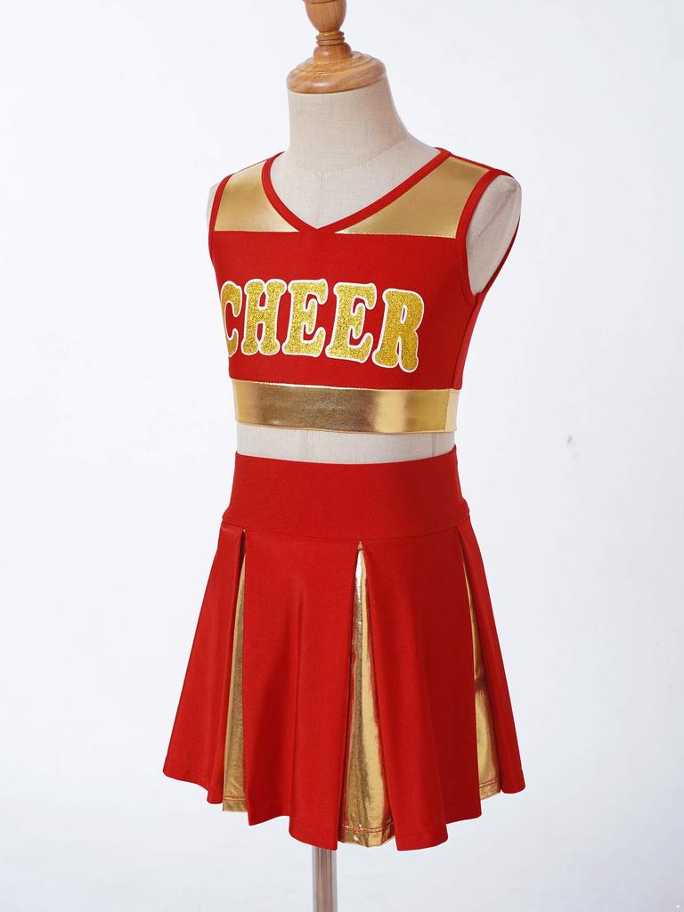Girls Cheerleading Uniform Letter Print Tank Top with Pleated Skirt Set Cheer Leader Halloween Fancy Dress Costume