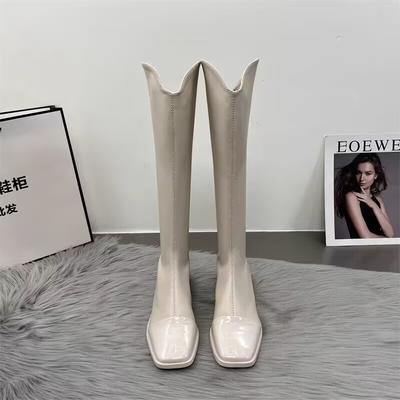 Женская обувь 2024 года, высококачественные женские сапоги с молнией сзади, модные современные сапоги с квадратным носком, женские зимние сапоги до колена на квадратном каблуке