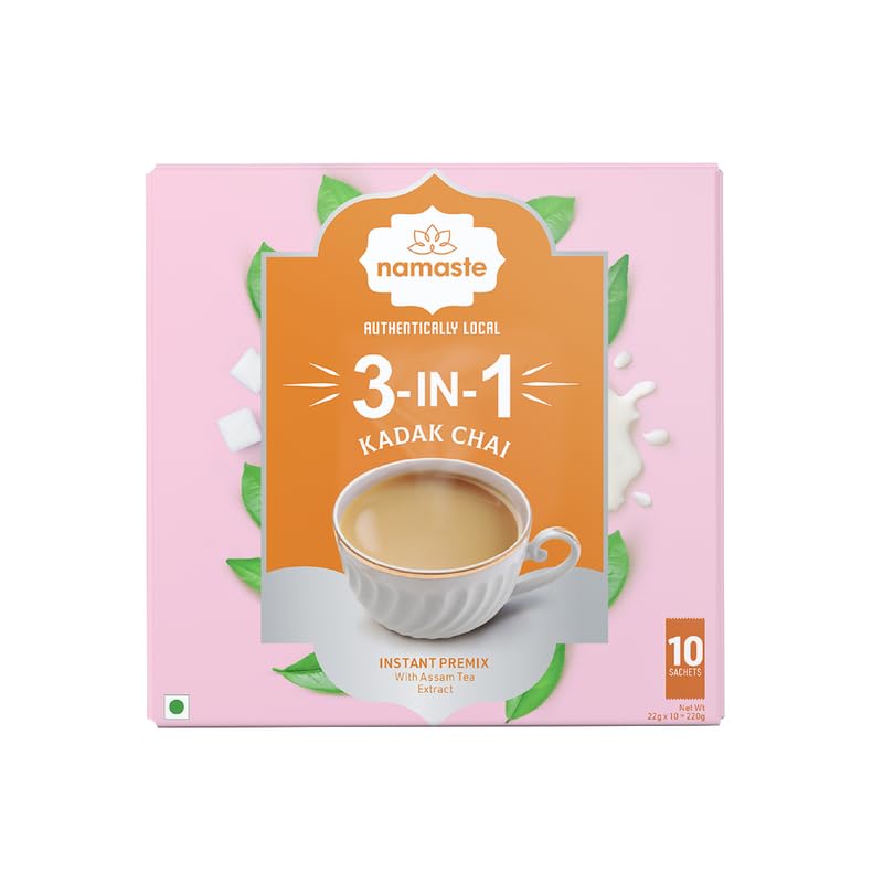 Namaste Chai Instant Tea Premix Kadak Chai | Assam | Ginger, Clove, Cinnamon, Nutmeg & Cardamom | Milk and Sugar | Ready Mix Powder | 22g x 10 Sa