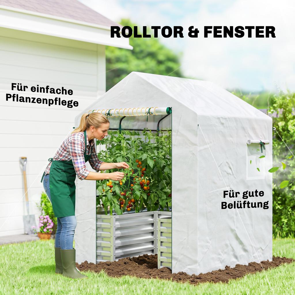 Tomato Greenhouse Film Greenhouse with Raised Bed Roll-Up Door Window Sloped Roof 141 x 141 x 190 cm White