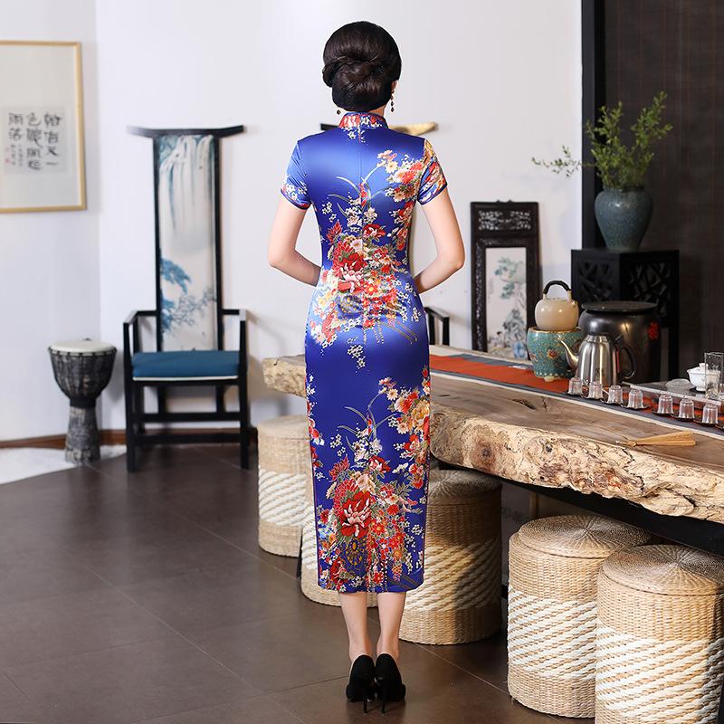 New long cheongsam satin split cheongsam performance runway show party cheongsam slim performance middle-aged and elderly clothing