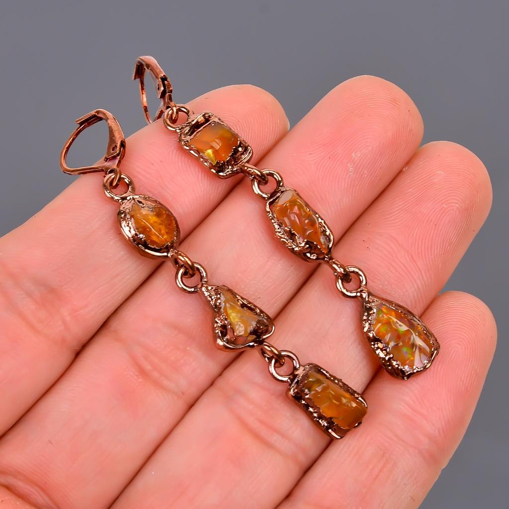 Ethiopian Opal Stone Copper Wife Gift Electroformed Dangle Drop Earrings Jewelry V-102