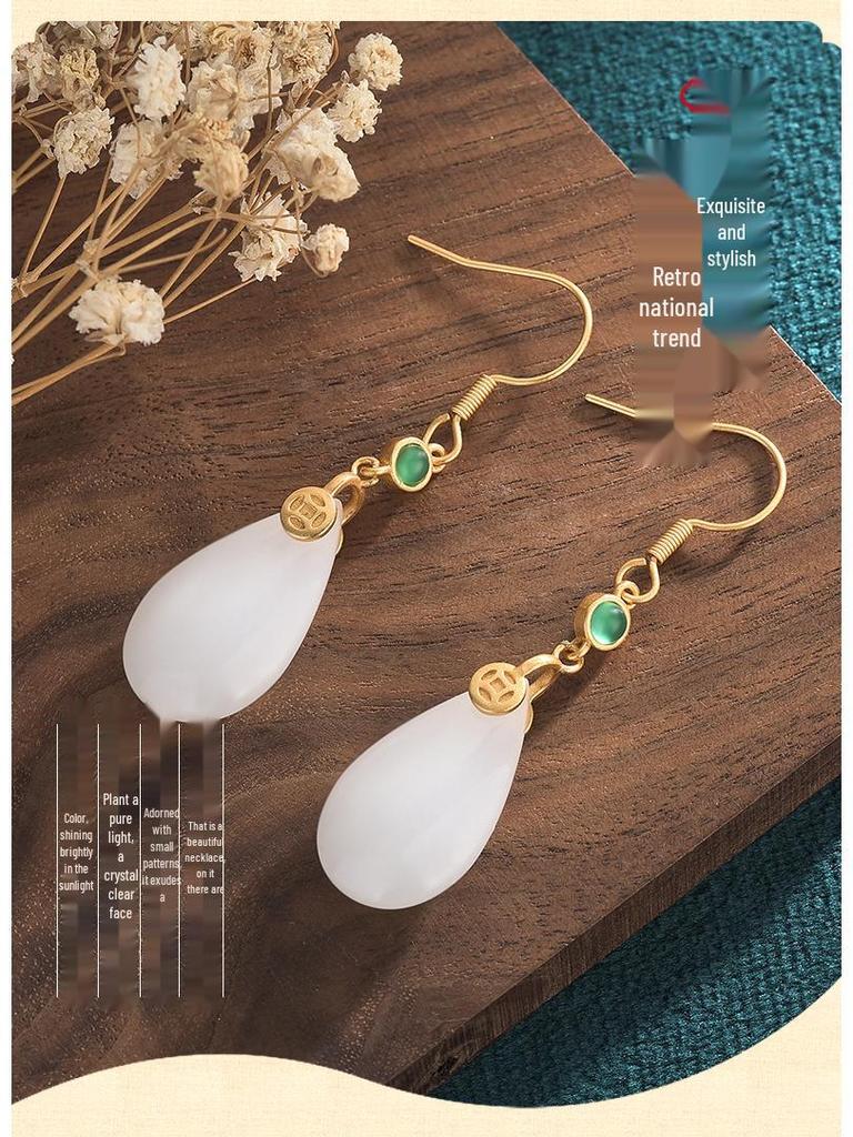 Серьги-кисточки из халцедона в стиле ханьфу чонсам - имитация нефрита, ретро, подвесные для женщин