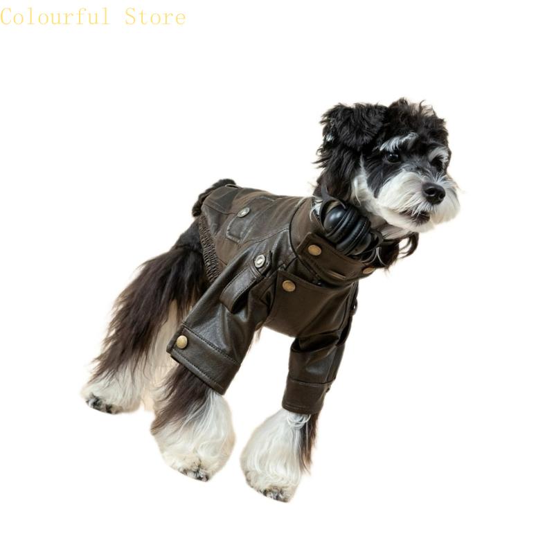 Small Dog Leather Jackets Motorcycles Styles Cyclists Coat with Metal Button Shoulder Belt Warm Fall Winter Pet Costume