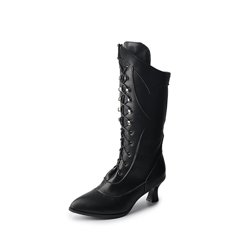 Spring White Brown Mid Calf High Boots for Women Lace up High Heel Small Big Size 33 45