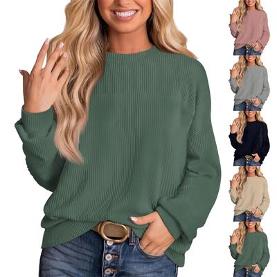 Женская мода однотонный нитка длинный рукав свободный круглый вырез пуловер топ