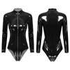 Women Tight Patent Leather Leotard Zipper Long Sleeve Bodysuit Catsuit Pole Dancing Wear