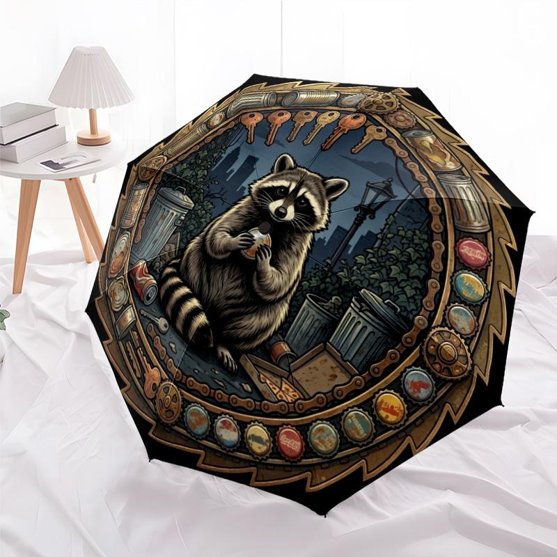 Raccoon Urban Trashscape pattern umbrella, portable and foldable design, 8 ribs, a casual accessory for Halloween, Christmas, and birthday gifts.