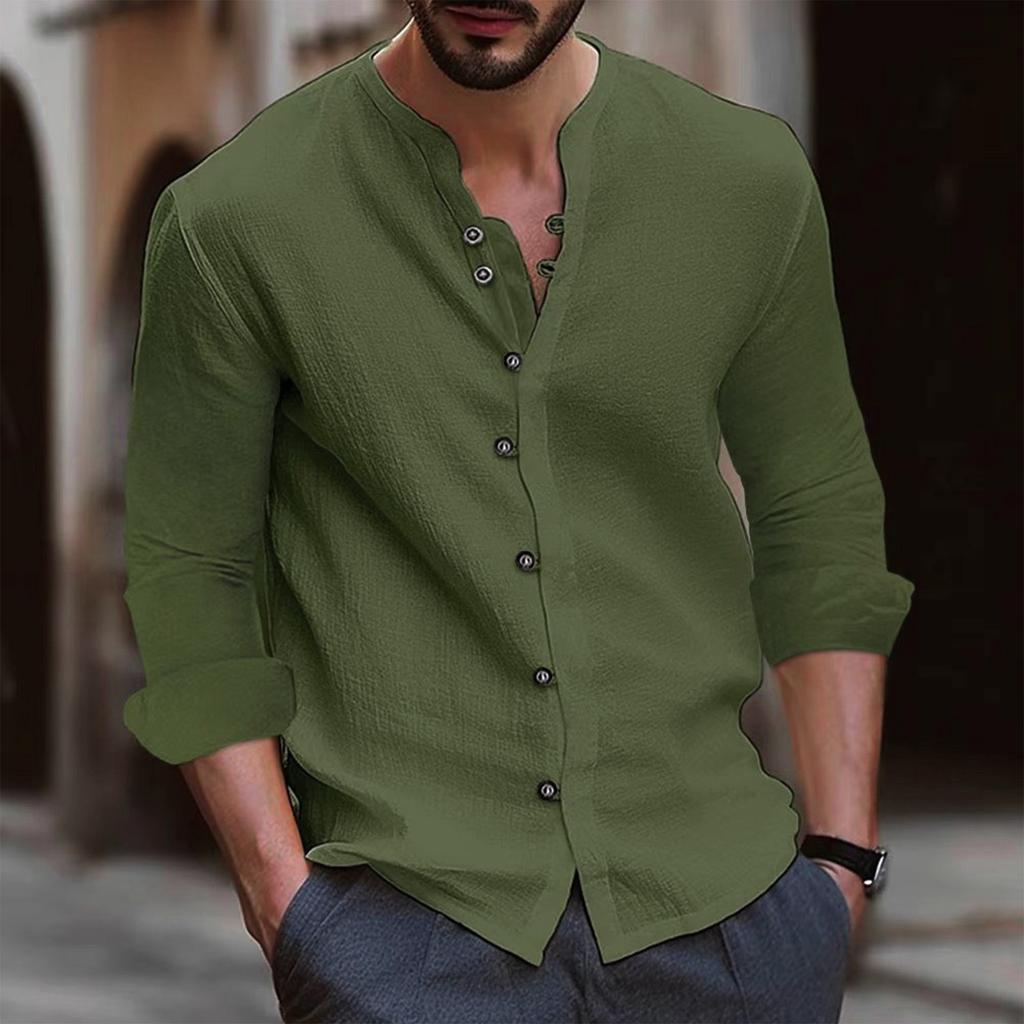 Осенне-зимняя мужская хлопково-льняная рубашка в стиле ретро с длинными рукавами, однотонный повседневный топ