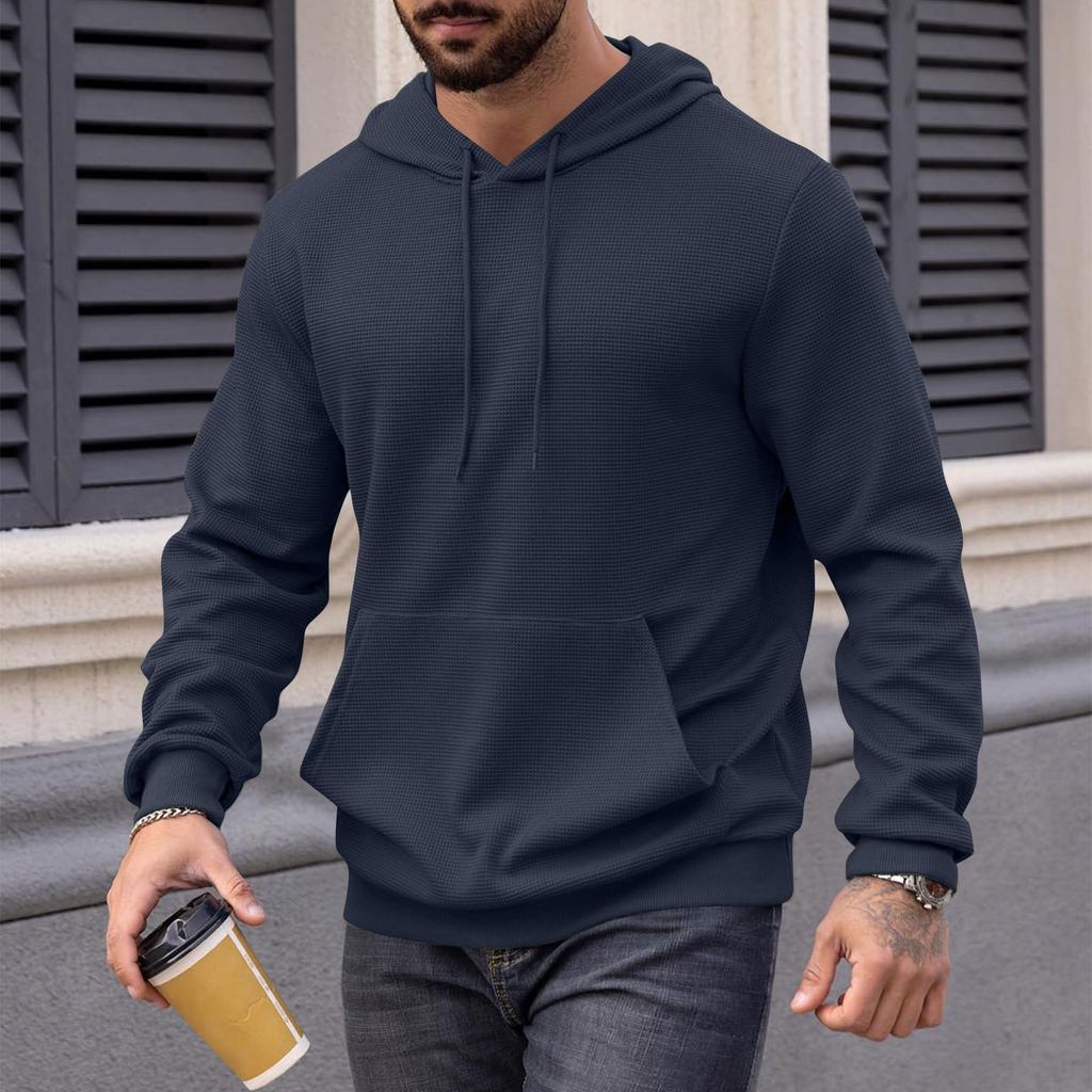 Men's Long Sleeve Textured Hooded Sweatshirt Casual Lightweight Hoodies Pullover Drawstring Hoodie With Kanga Pocket
