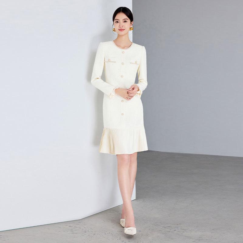 Beige French Style Pleated Long Sleeve Dress for Women - 2025 Elegant Slimming Design