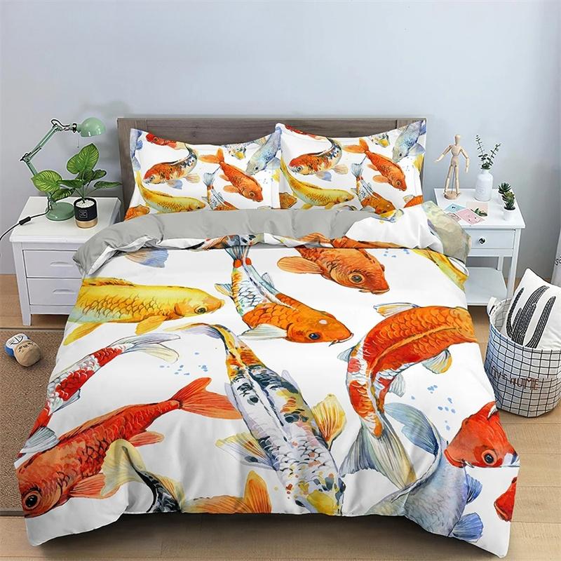 Goldfish Duvet Cover King/Queen Size Golden Red 3D Animal Bedding Set for Kid Teen Adult,Fish Themed Quilt Cover with Pillowcase