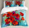 Flower Duvet Cover Set, Little Red Spring Summer Time Garden Florals Poppy Decorative 3 Piece Bedding Set with 2 Pillow Shams