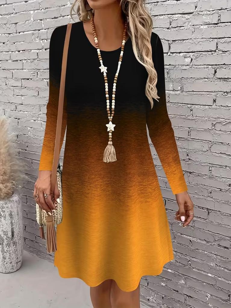 Women's Long Sleeved Round Neck Mini Dress, 3D Retro Geometric Pattern Printed Casual Vacation Style Dress Vestidos De Mujer