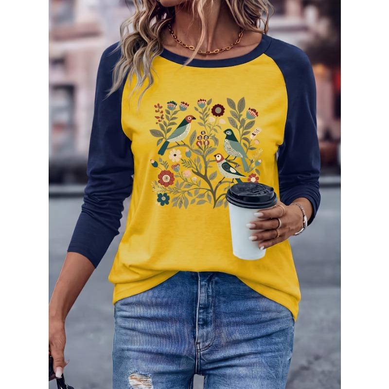 European and American women's round neck raglan long-sleeved T-shirt with flower and bird pattern printing