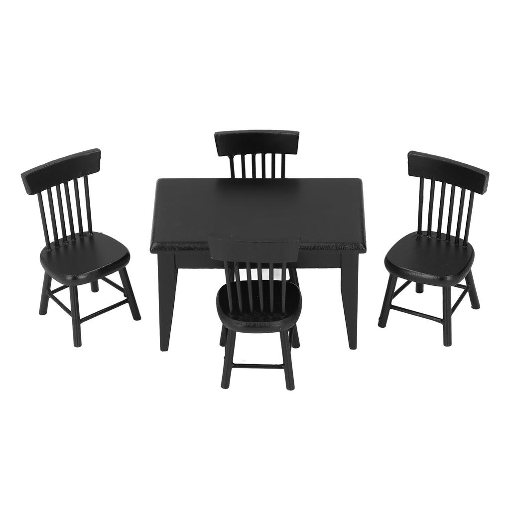 1:12 Dollhouse Table Chair Set Black Wooden Miniature Furniture Accessories for Dining Room Scene