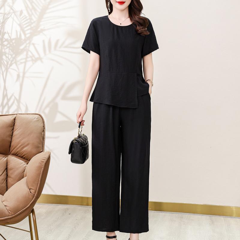 Летние комплекты из двух предметов для женщин, элегантные однотонные комплекты брюк с высокой талией больших размеров