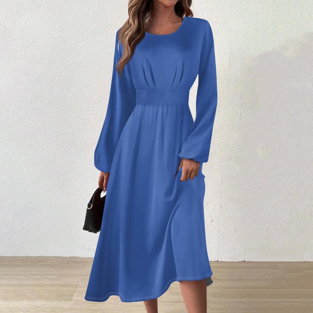 Women's Autumn And Winter Casual Fashion Round Neck Long Sleeve Solid Color Long Dress