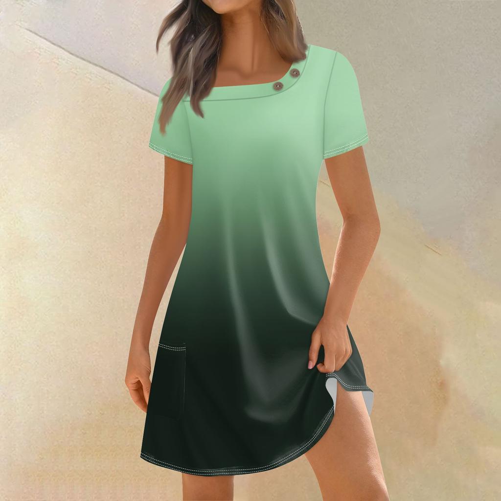 Женская мода, летние платья с квадратным вырезом и короткими рукавами, повседневные свободные платья с карманами и пуговицами, градиентные платья