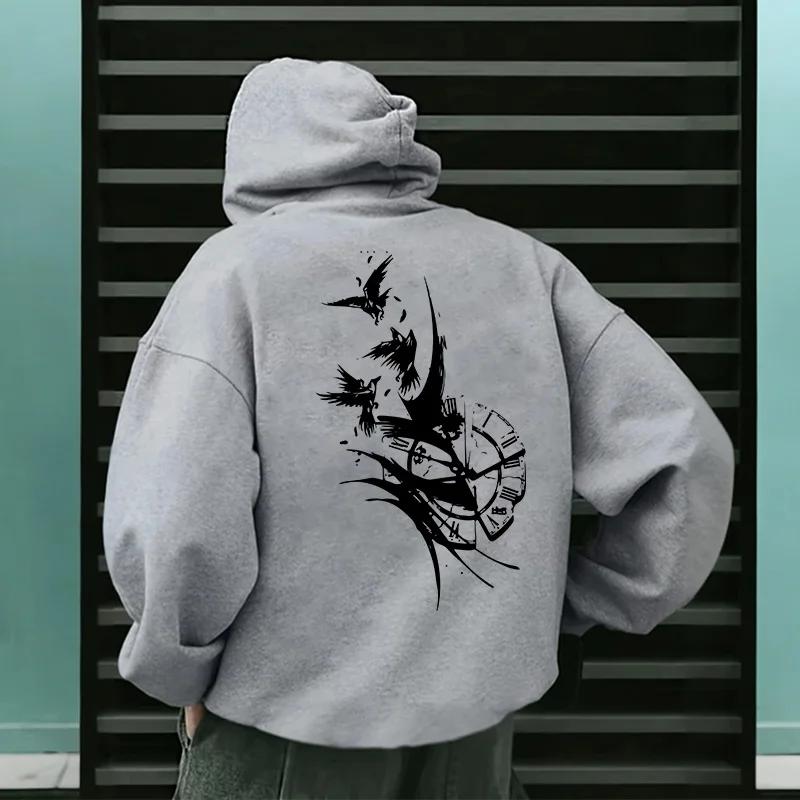 Retro Clock Raven Print Hoodie Autumn Winter Daily Casual Sport Hooded Sweatshirt Male Fashion Pullover Streetwear Oversize Coat
