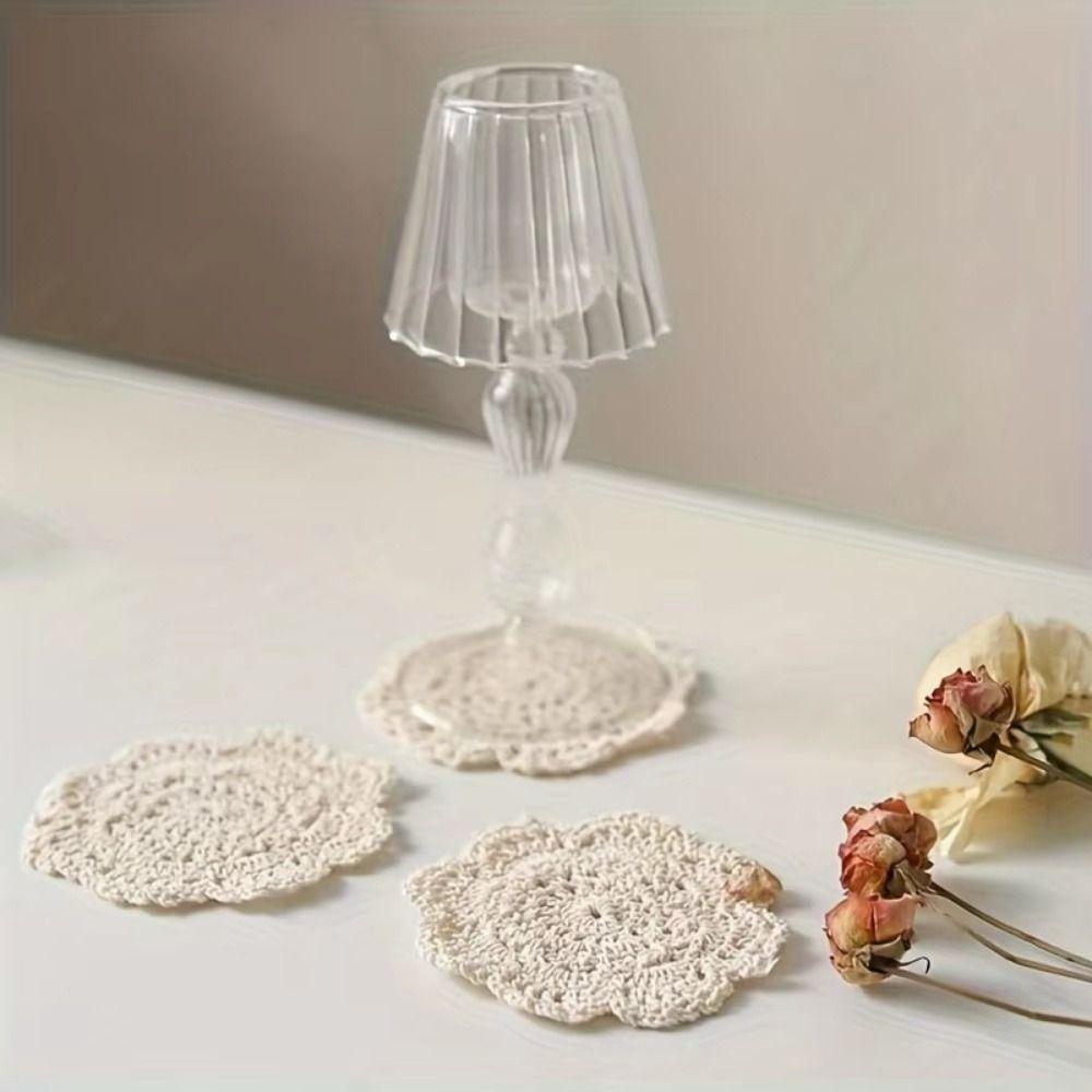 2/4Pcs Knitted Texture Lace Floral Coasters Vintage Round Woven Placemats Coffee Table