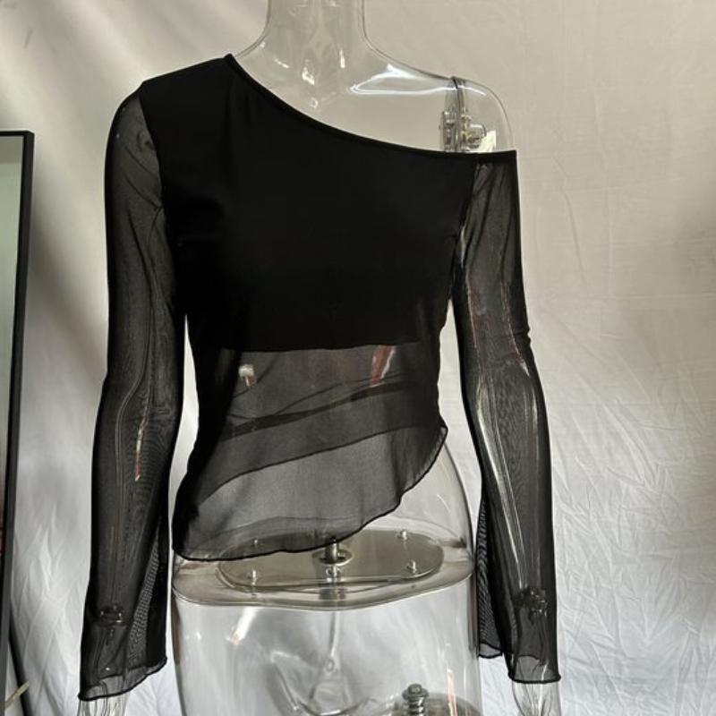 Европейский и американский диагональный воротник, расклешенные рукава, сетчатый прозрачный топ Y2K, сексуальный облегающий летний женский топ