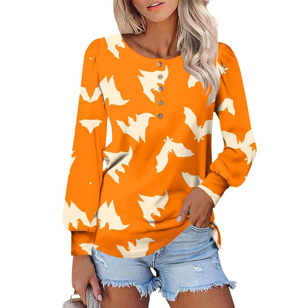 Женские футболки с длинным рукавом и круглым вырезом, принты на Хэллоуин, рубашки с рукавами-фонариками, блузки на пуговицах, топы