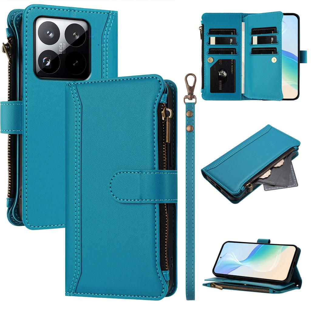 Для Xiaomi 15T Кожаный чехол 9 отделений для карт Кошелек на молнии Подставка Чехол для телефона с ремешком на запястье