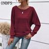 INDFS Женская мода Повседневный однотонный принт Весна Осень Длинные рукава О-образный вырез Пуловеры и длинные рукава