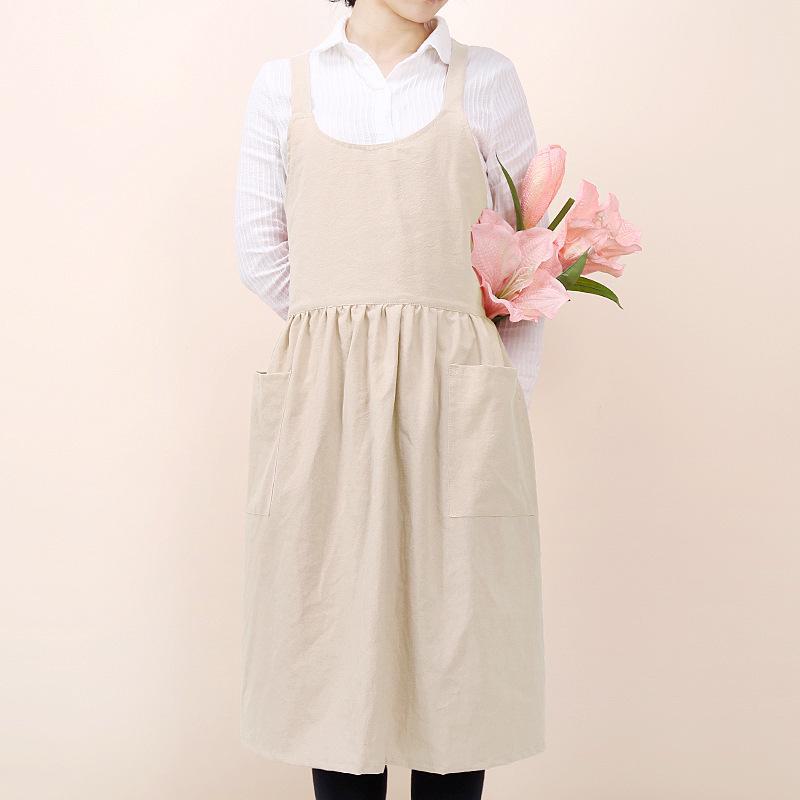Korean Style Artistic Cotton Linen Long Kitchen Apron for Women