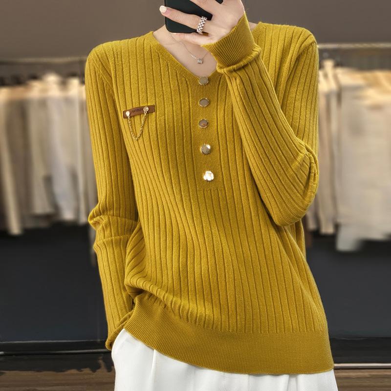 DAFIFY Женская мода повседневная осень-зима однотонный принт длинный рукав V-образный вырез свитера