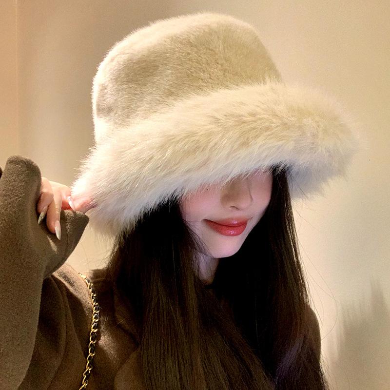 High Sense Imitation Fur Mink Fluffy Bucket Hat Female Lady Wind Big Head Circumference Plush Hat Winter Warm Pullover Hat