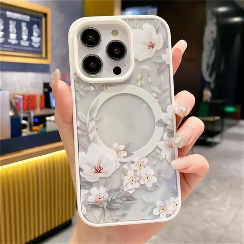Fashion Flowers Floral Clear For Magsafe Magnetic Wireless Charging Case For iPhone 16 11 12 13 14 15 Pro Max Hard Bumper Cover