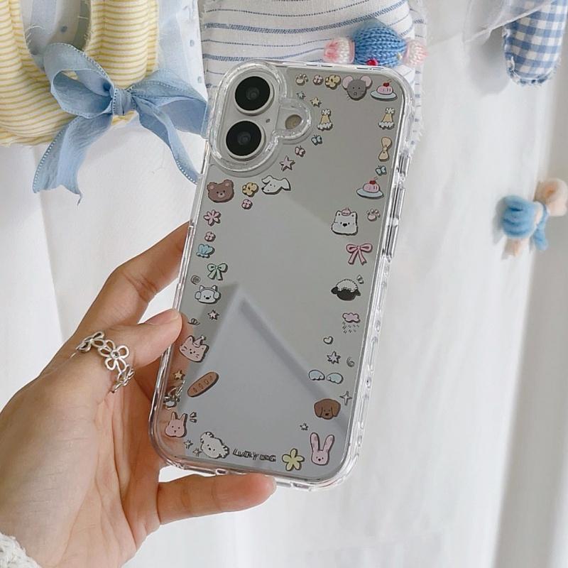 Fashion Plating Silver Cute Animal Pattern Mirror Phone Case For iPhone 17 Pro 16 15 Pro Max Back Cover with Pendant Cartoon Cas