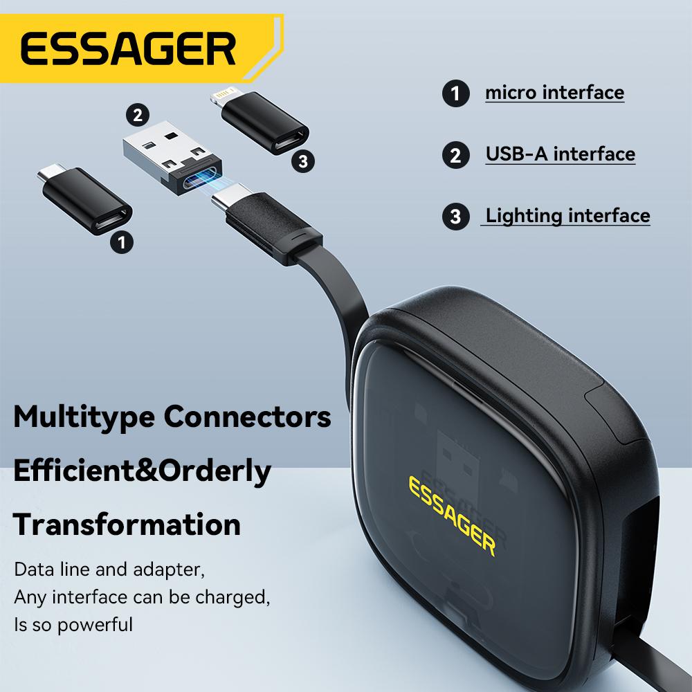 Кабель Essager USB C к Tpye C PD 60 Вт к Micro Lightning, быстрая зарядка, перенос данных, многофункциональный шнур с держателем, ящик для хранения