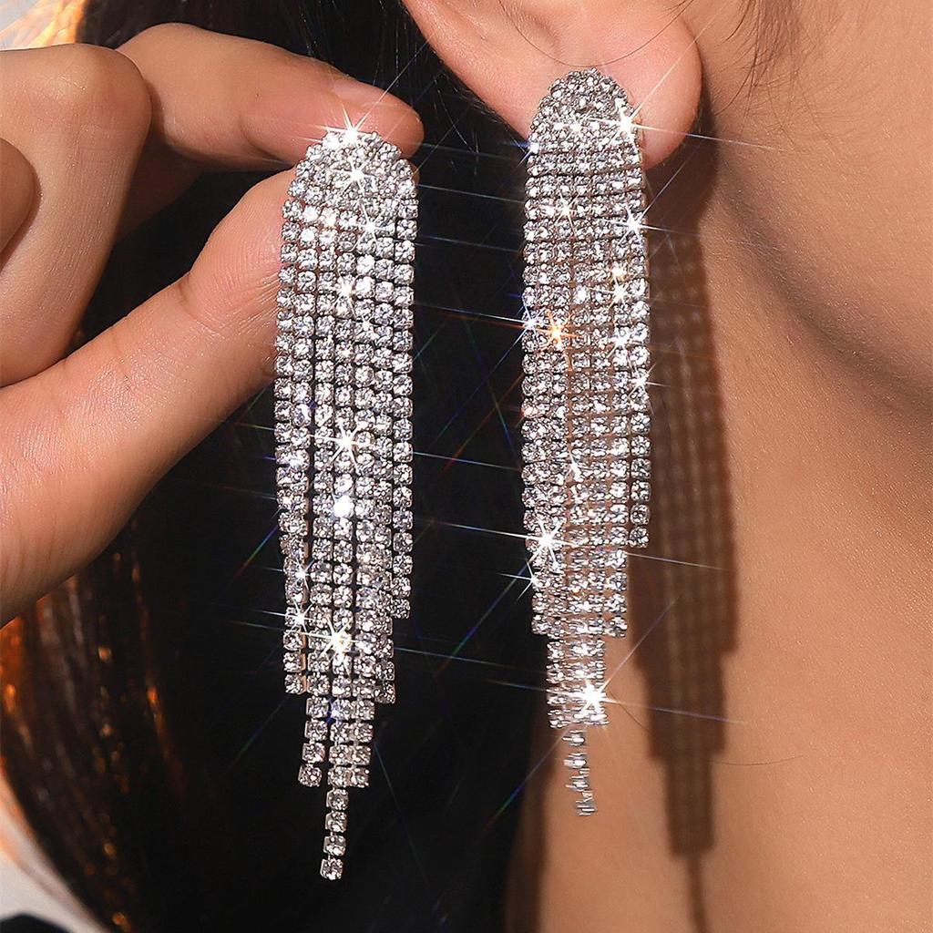 Premium Luxury Super Sparkle Rhinestone Long Tassel Earrings Women's Fashion Temperament Studded Earrings
