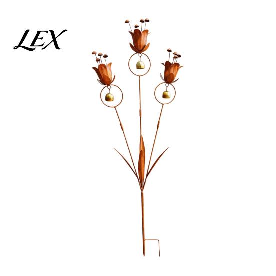 Weather Resistant Metal Art Flame Copper Lily Tulip Garden Stake with Wind Chime Bells, Rustic Weatherproof Outdoor Chimes Yard Decor for Lawn