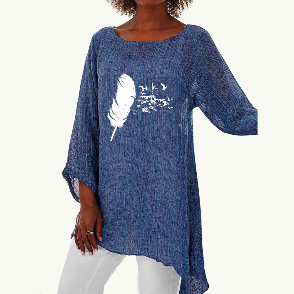 Женская весенне-летняя модная длинная рубашка, женская повседневная тонкая рубашка с длинным рукавом 3/4, свободная рубашка размера плюс с круглым вырезом и принтом