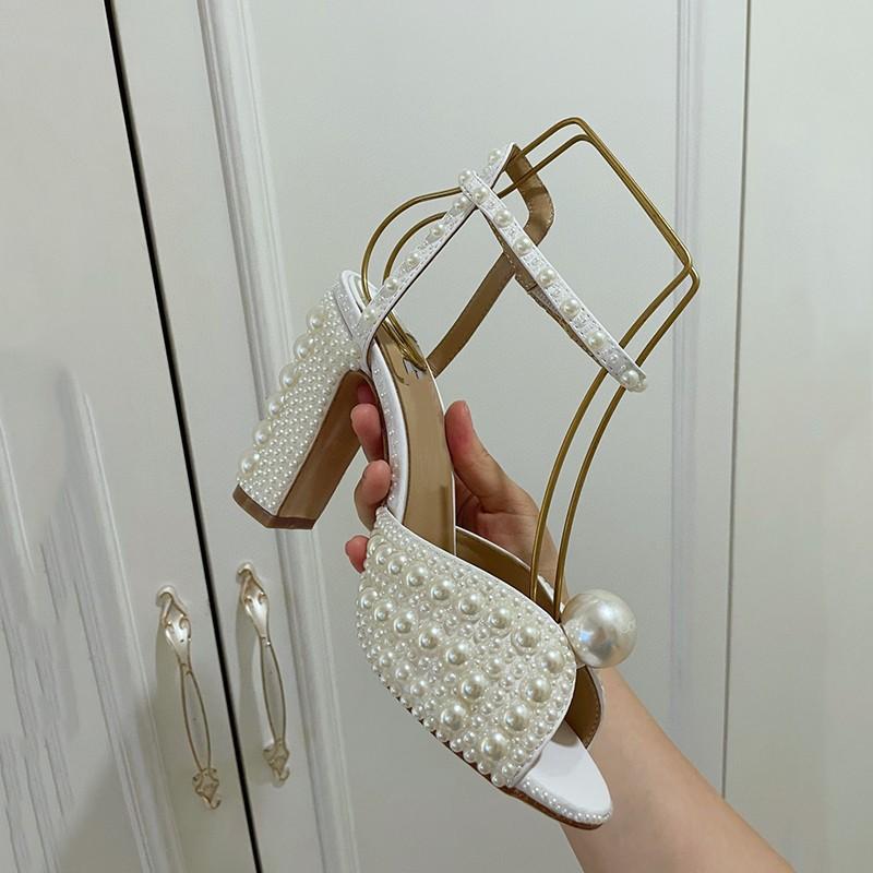 Fashion Luxury New High Heel Women's Shoes 2024 Summer One Line Buckle Women's Wedding Shoes Pearl Fish Mouth Fashion Sandals