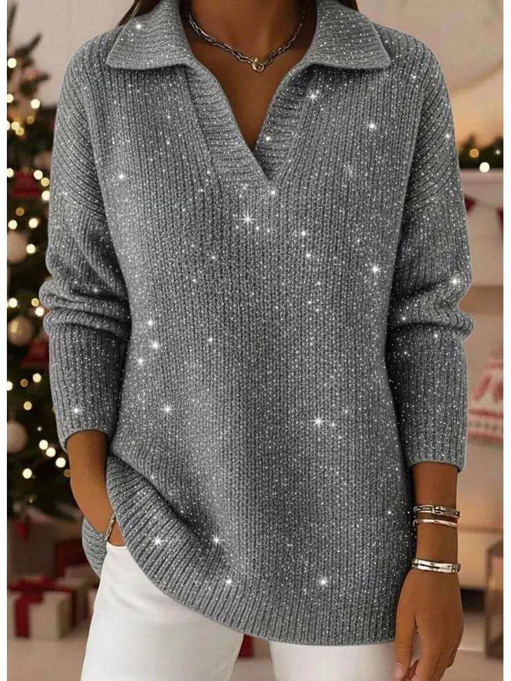 Однотонный пуловер с воротником-стойкой, серебряной нитью и хрустальными акцентами, Осень/Зима 2025