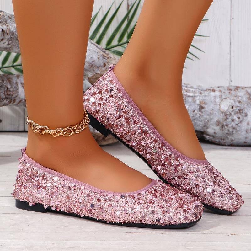 Shoes Female 2024 Fashion Slip On Women's Flats Spring Square Toe Solid Sequins Shallow Mouth Rubber Flats Basic Commuting Shoes