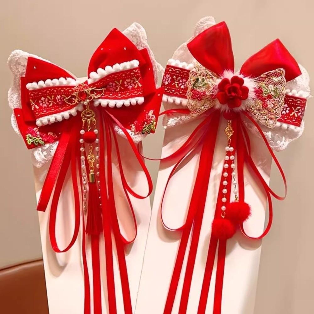 Red New Year Hairpin Tassel Hanfu Hair Ornamen Cute Bow Ribbon Hair Clip Braid