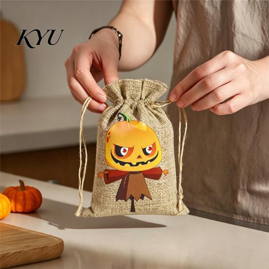 Halloween Event Favors 2PCS Drawstring Treat Bags, Cartoon Pumpkin Faux Linen Trick or Cute Candy Carriers Sacks, Kids Storage Pouches for Party