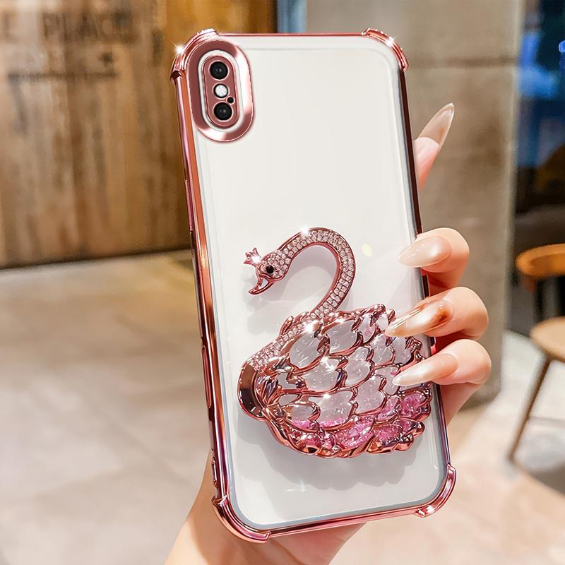 KEYSION Противоударный чехол с гальваническим покрытием для iPhone XS Max Прозрачный ТПУ с блестками, инкрустированный драгоценными камнями лебедь, подставка, задняя крышка для iPhone X XR