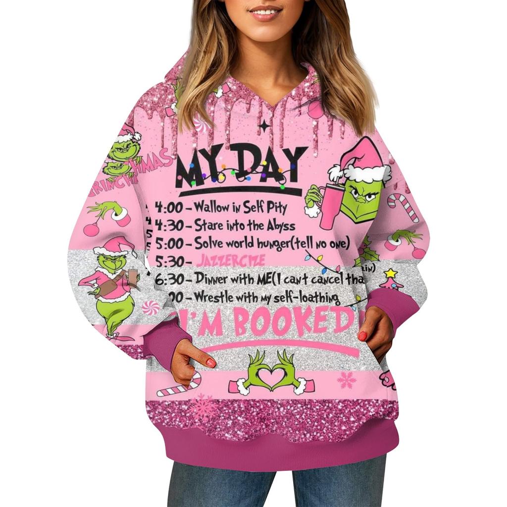 Ladies' Fashionable Long Sleeved Pullover With Christmas Print Hooded Pocket Sweatshirt