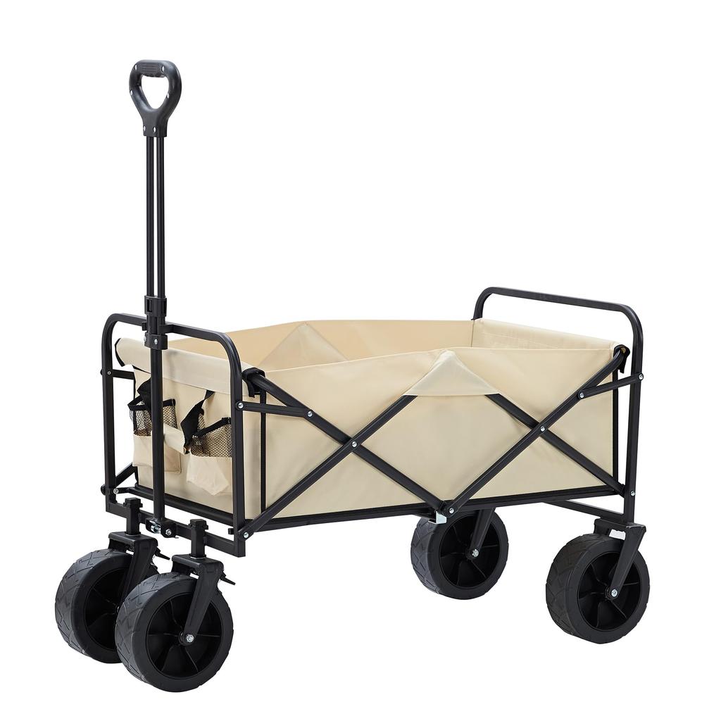 VECELO Carry Wagon Foldable Carry Cart Outdoor Wagon Camping Cart Large Tires with Brake Large Capacity 110L Load Capacity 100KG 4 Wheels Outdoor