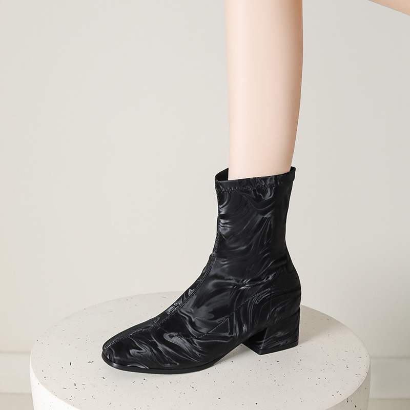 lenkisen PU Autumn Winter Shoes Thick Med Heels Printing Oriental Design Chelsea Boots Keep Warm Patterens Leather Ankle Boots