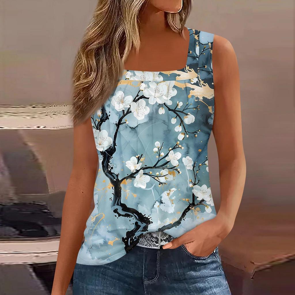 Square Collar Tank Top Women Print Tank Tee Casual Loose Fit Sleeveless Shirt